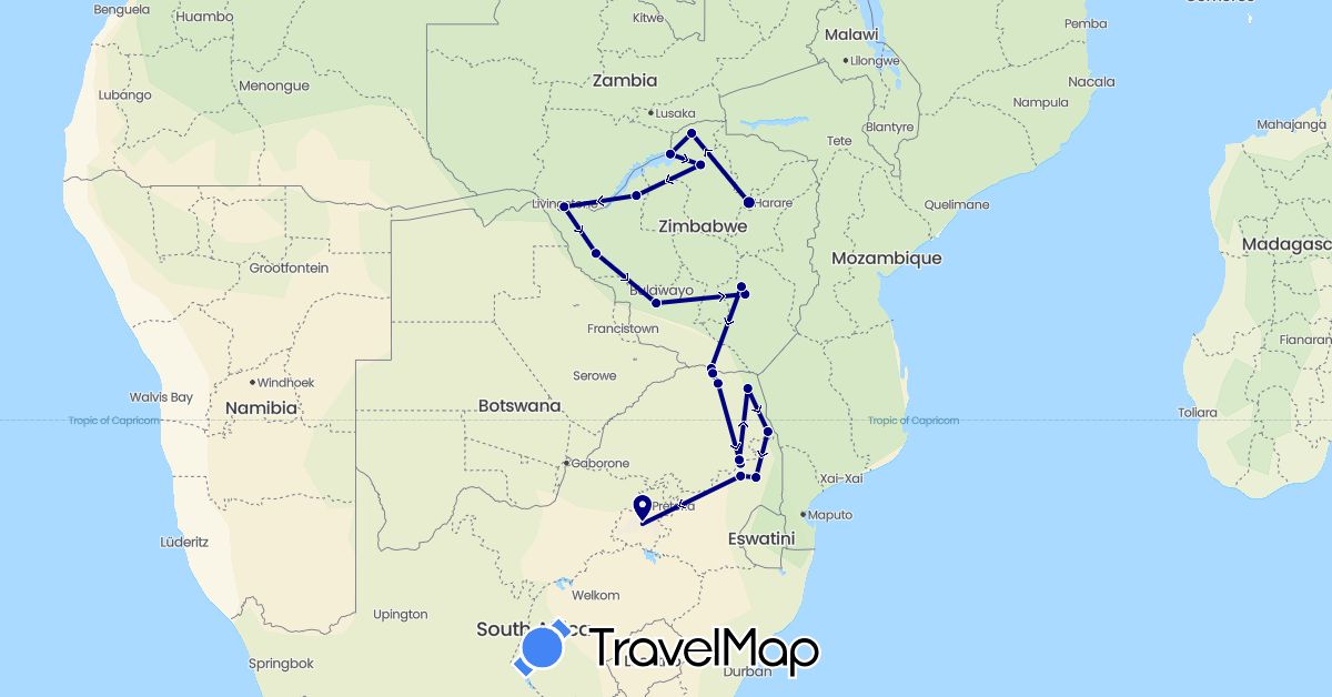 TravelMap itinerary: driving in South Africa, Zimbabwe (Africa)